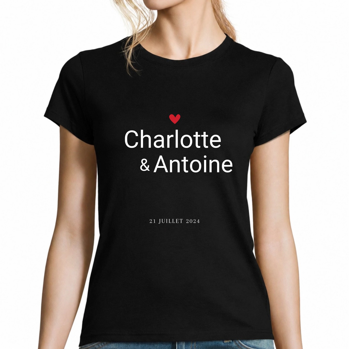 T-shirt personnalisé prénoms & date – Cadeau mariage
