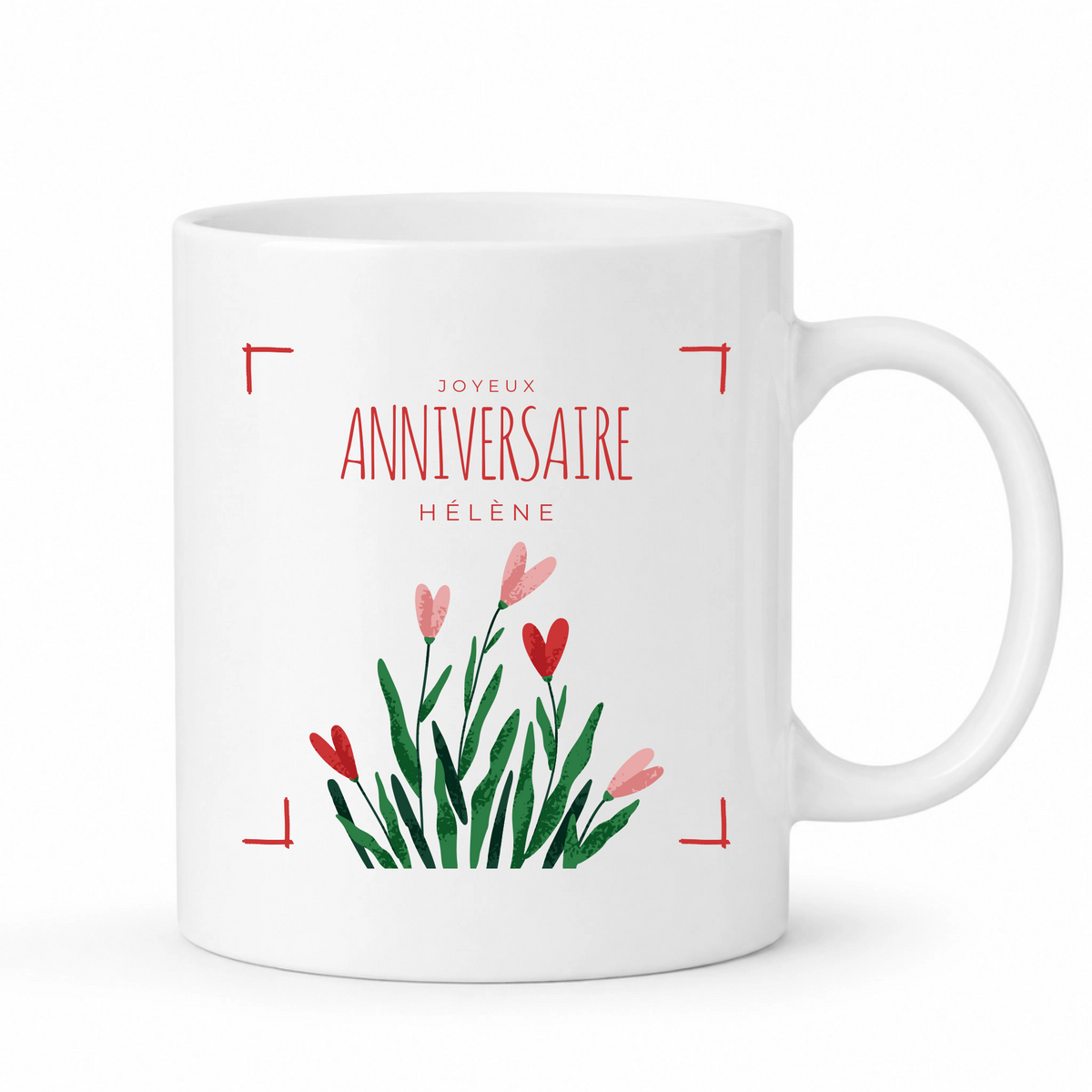 Mug blanc anniversaire personnalisé avec prénom et motif floral