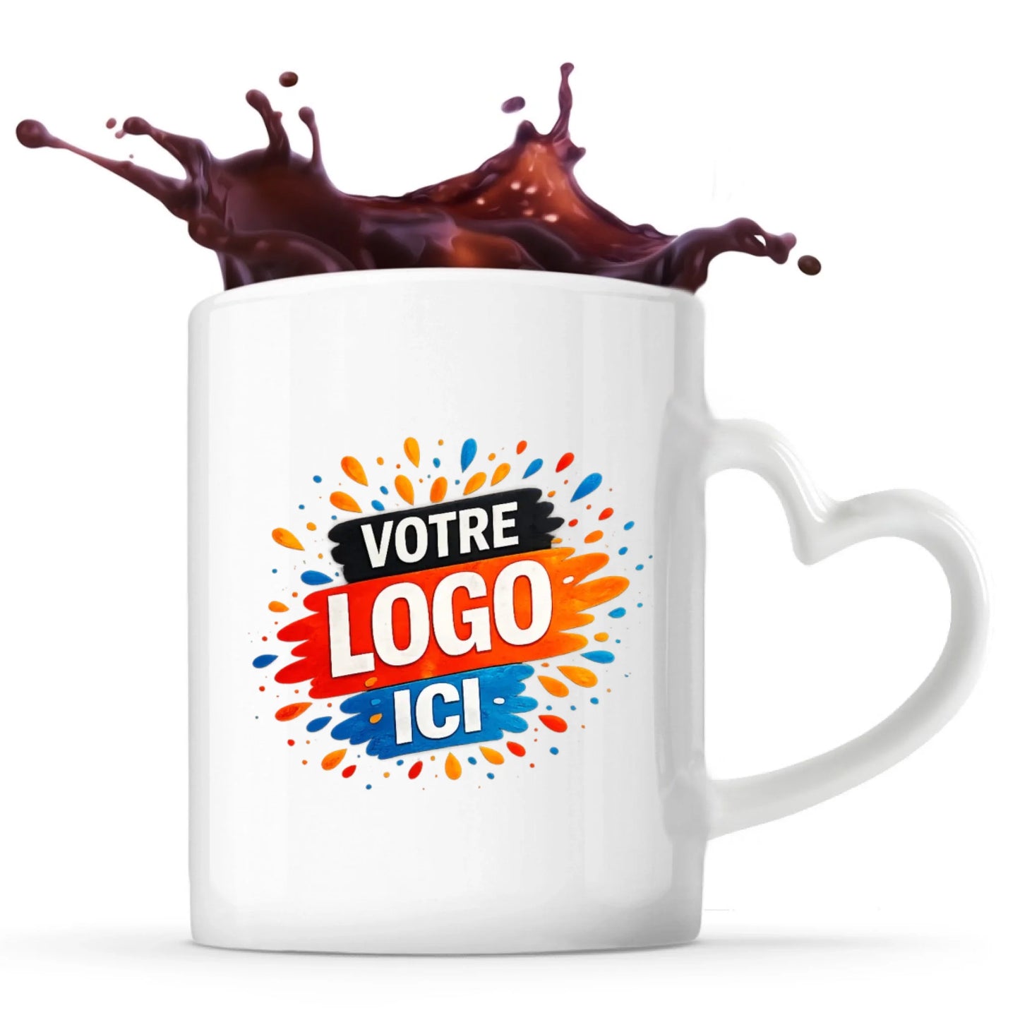 Mug blanc personnalisable avec logo, vu de face avec anse