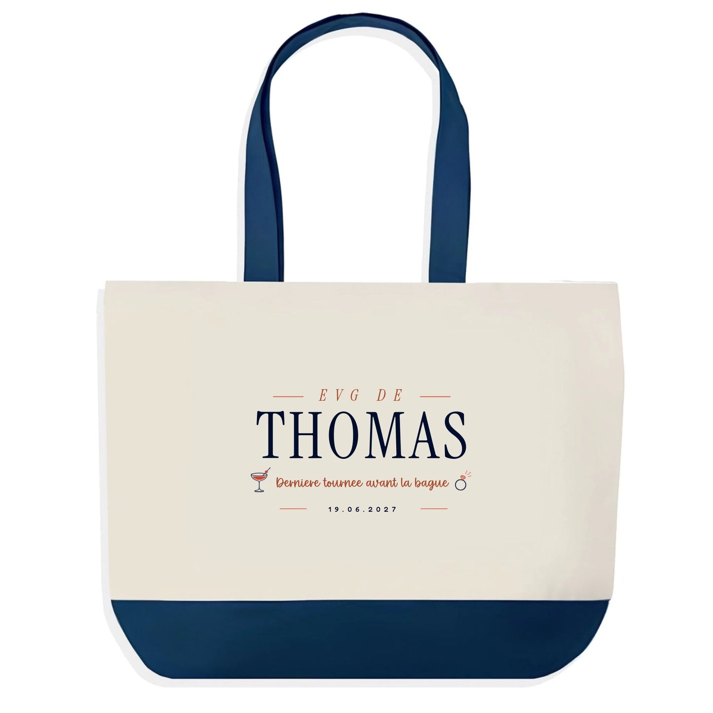 Sac en jute EVG personnalisé Bleu avec prénom et date - design cocktail Dernière Tournée Vulpa