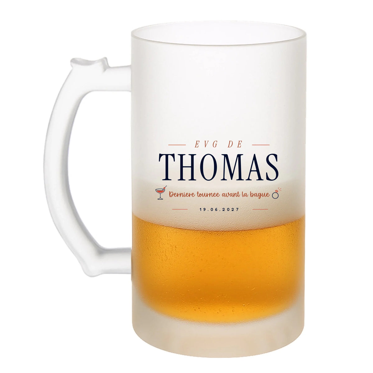 Chope à bière EVG personnalisée remplie de bière avec prénom et date - design cocktail Dernière Tournée Vulpa