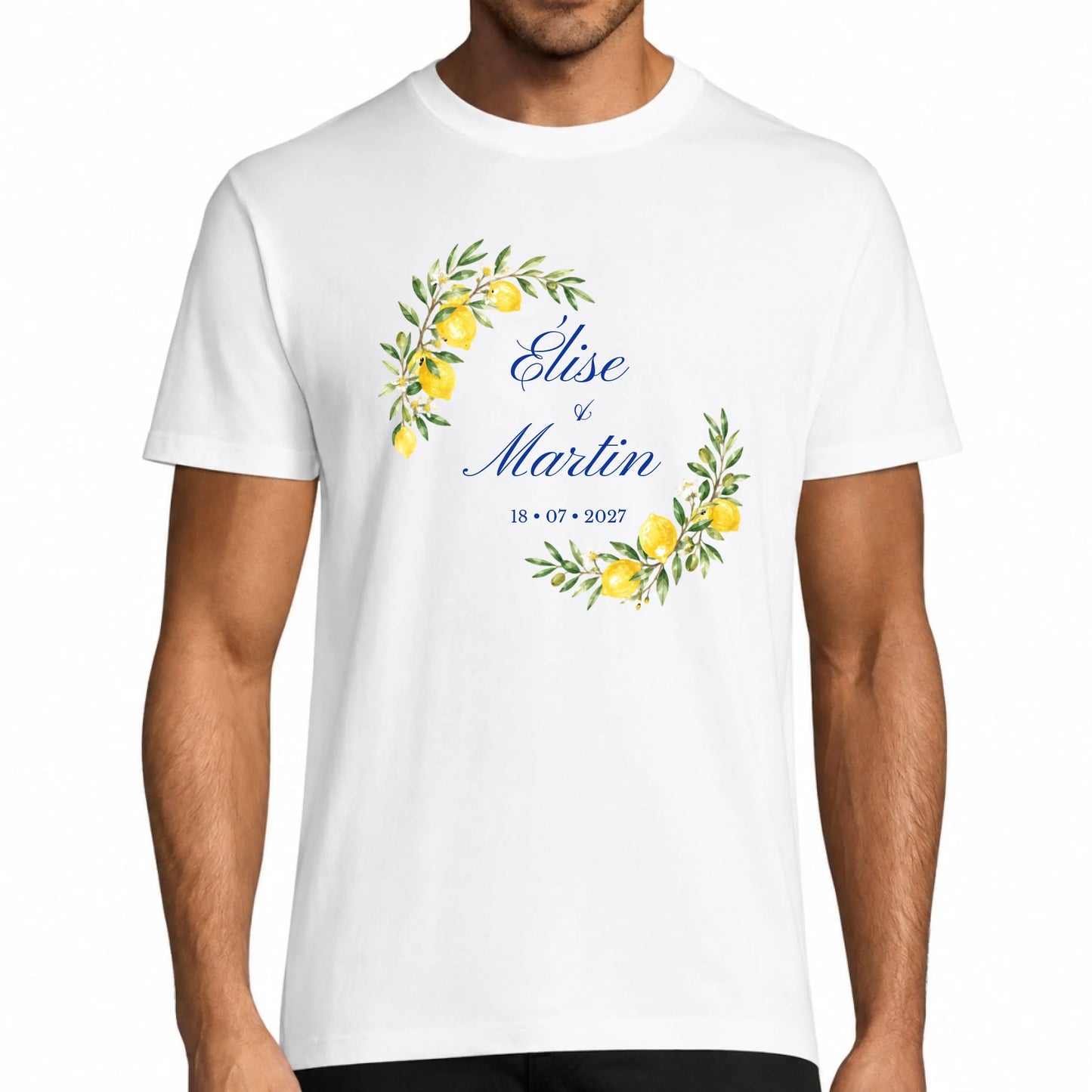 T-shirt homme blanc mariage personnalisé Citronnier & Olivier avec prénoms et date