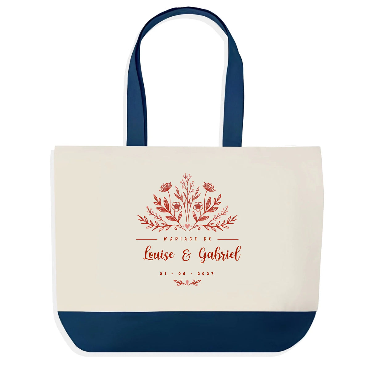 Sac en jute Mariage Bleu personnalisé avec prénoms et date - design floral Vulpa