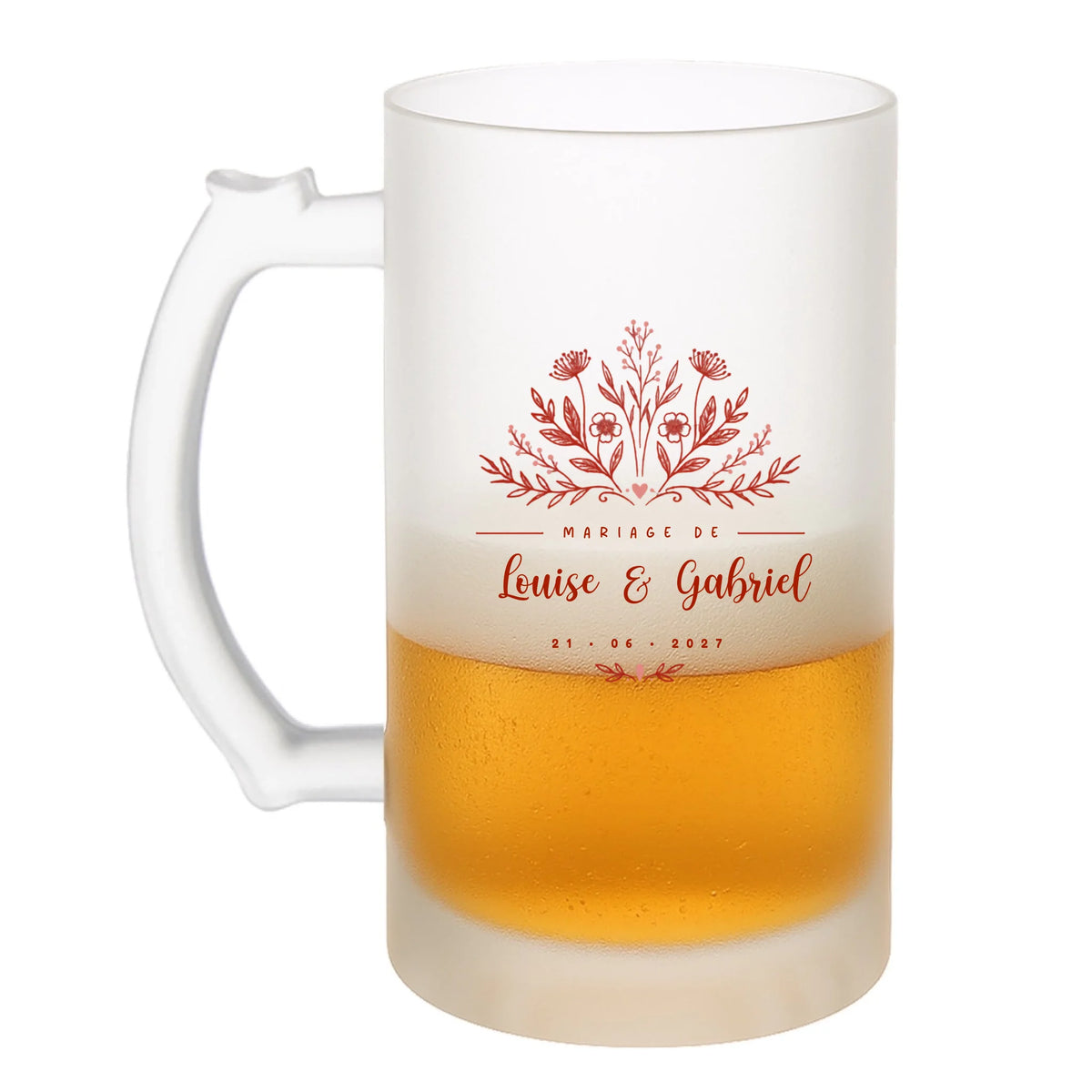 Chope à bière Mariage personnalisée remplie de bière avec prénoms et date - design floral Vulpa