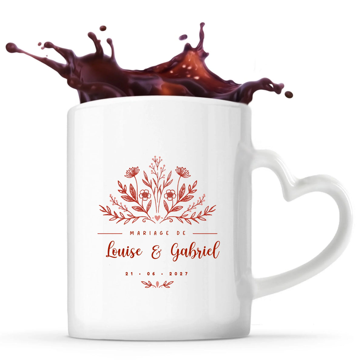 Mug Mariage anse cœur personnalisé avec prénoms et date - design floral Vulpa