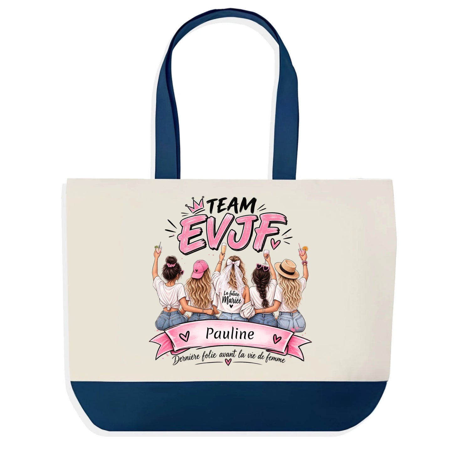 Sac en jute bleu personnalisé Team EVJF avec prénom de la future mariée