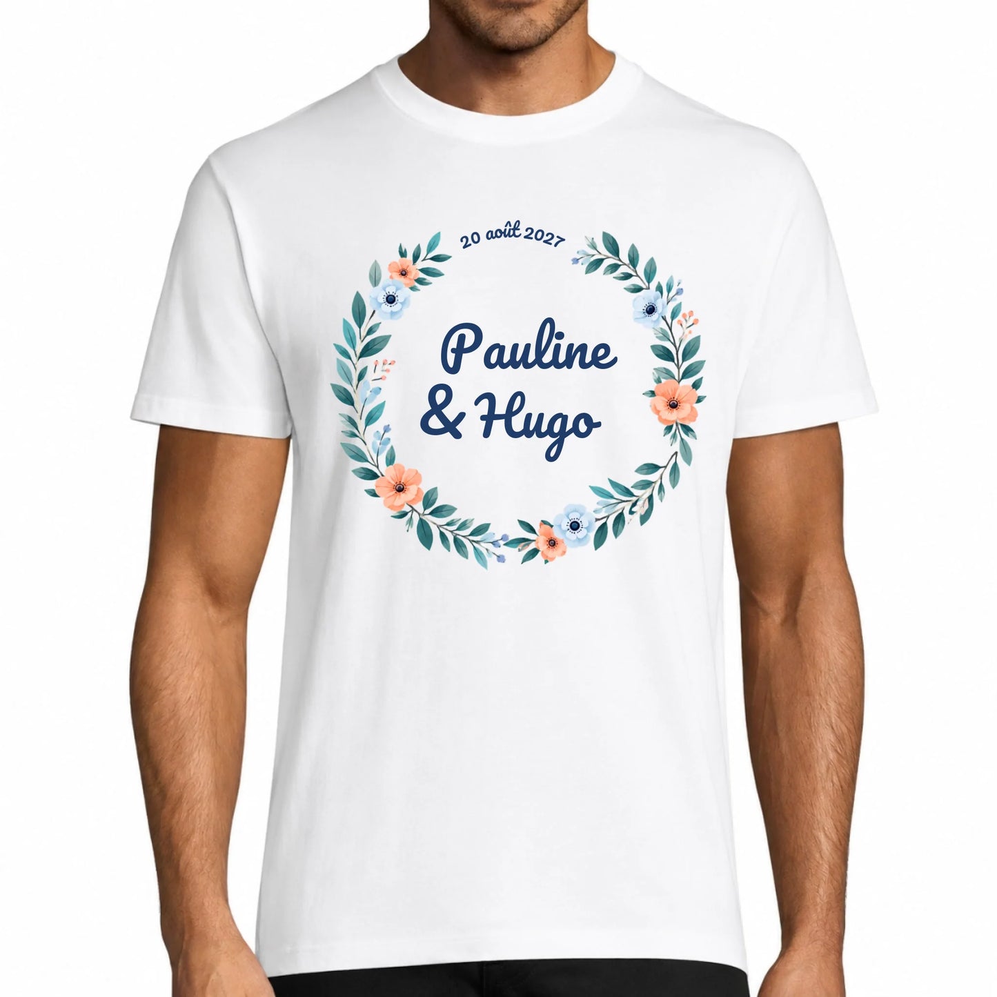 T-shirt homme blanc mariage personnalisé avec prénoms des mariés, date et motif floral