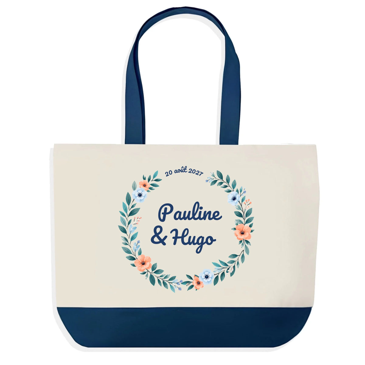 Sac en jute bleu mariage personnalisé avec prénoms des mariés, date et motif floral