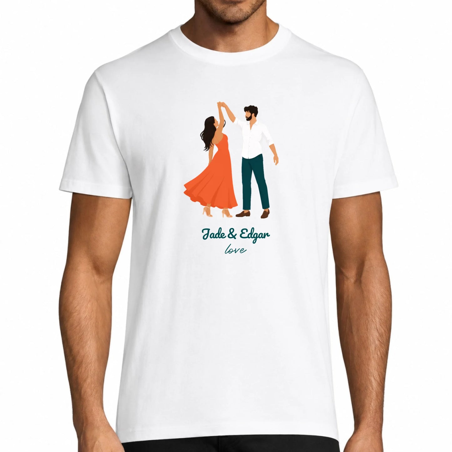 T-shirt homme blanc illustration couple qui danse, personnalisable avec deux prénoms