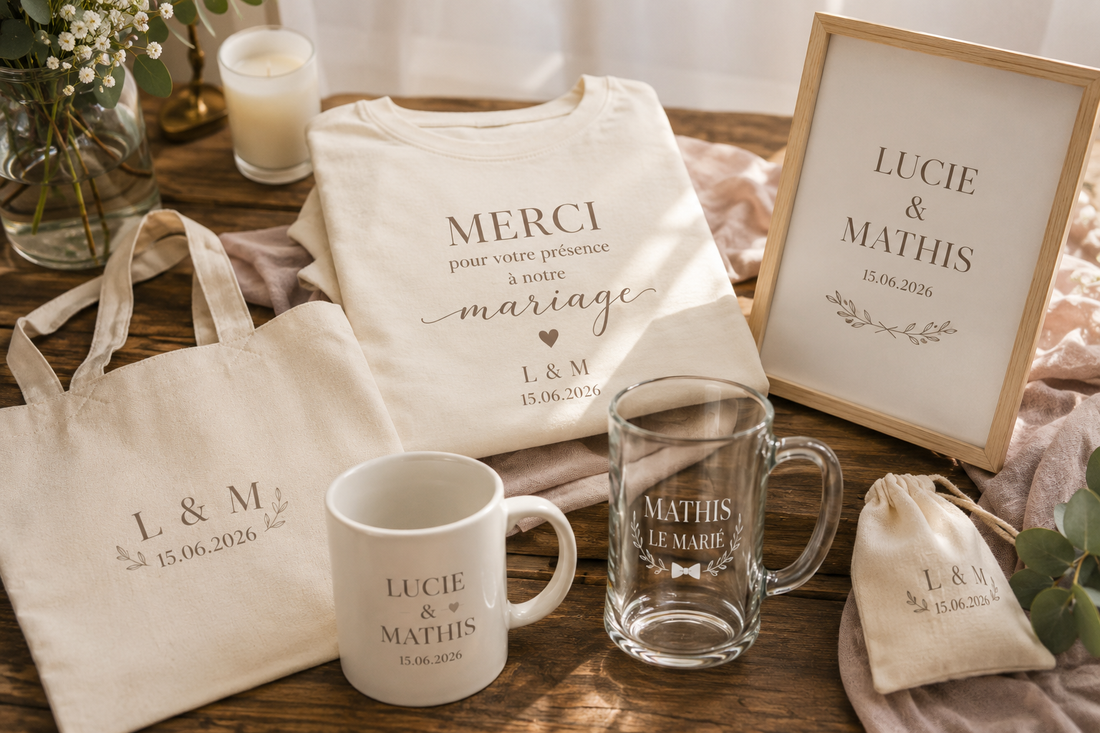 Cadeaux de mariage personnalisés aux prénoms des mariés : t-shirt, tote bag, mugs, chope et affiche encadrée