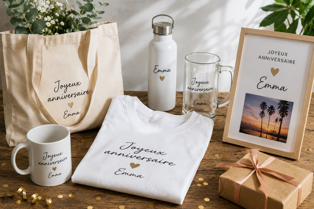 Cadeaux d'anniversaire personnalisés au prénom : tote bag, gourde, chope, t-shirt, mug et affiche encadrée