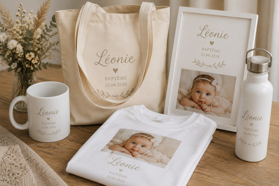 Cadeaux de baptême personnalisés avec photo et prénom de bébé : tote bag, t-shirt, affiche encadrée, mug et gourde