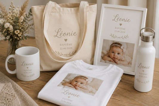 Cadeaux de baptême personnalisés avec photo et prénom de bébé : tote bag, t-shirt, affiche encadrée, mug et gourde