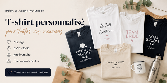 T-shirts personnalisés pliés pour mariage, EVJF, EVG et anniversaire avec différents designs et prénoms