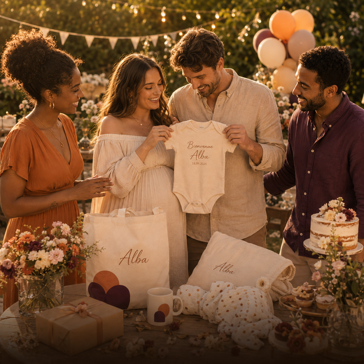 Famille célébrant une naissance avec body, tote bag, mug et plaid personnalisés au prénom du bébé