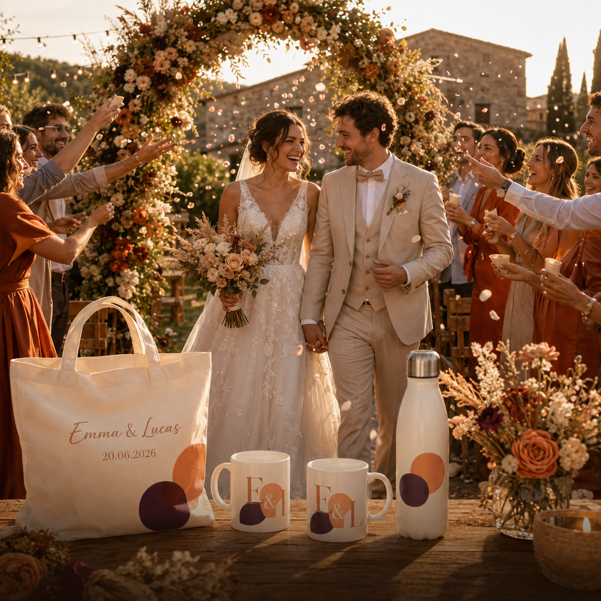 Jeunes mariés et invités avec tote bag, mugs et gourde personnalisés aux prénoms des mariés
