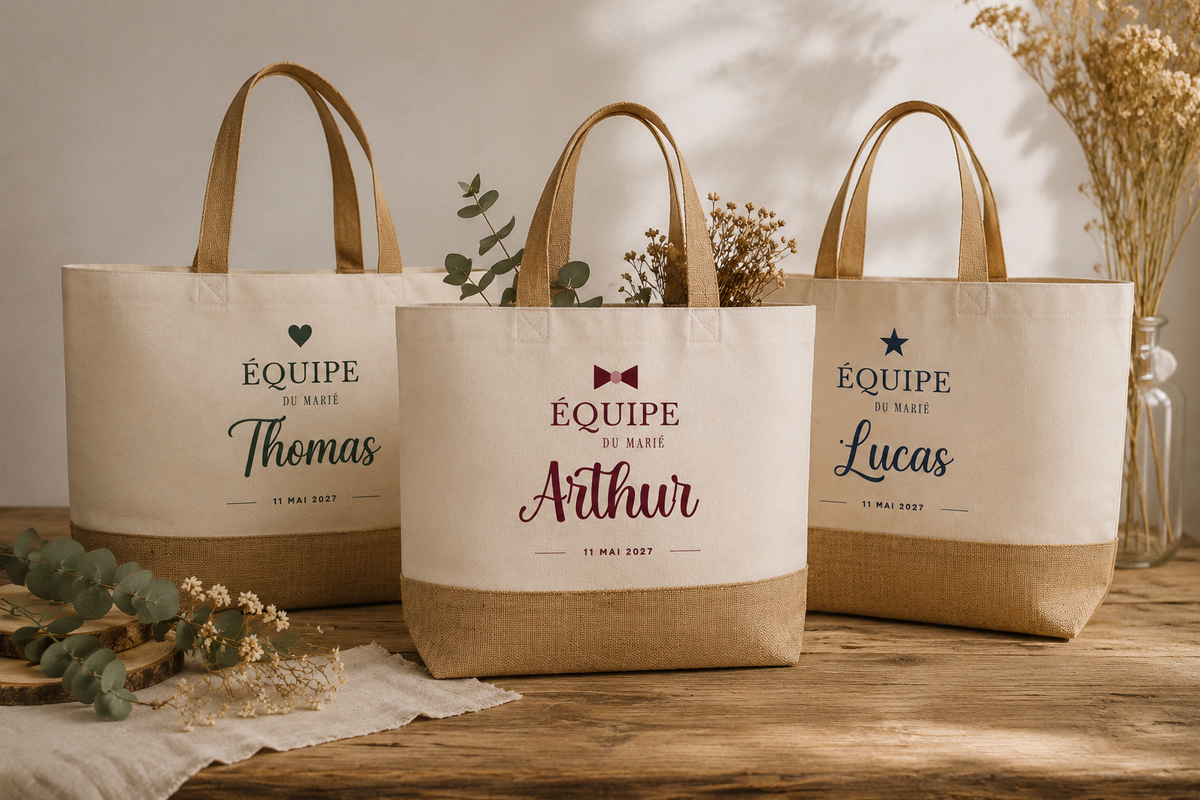 Sacs en jute personnalisés Équipe du Marié avec prénoms et date de mariage