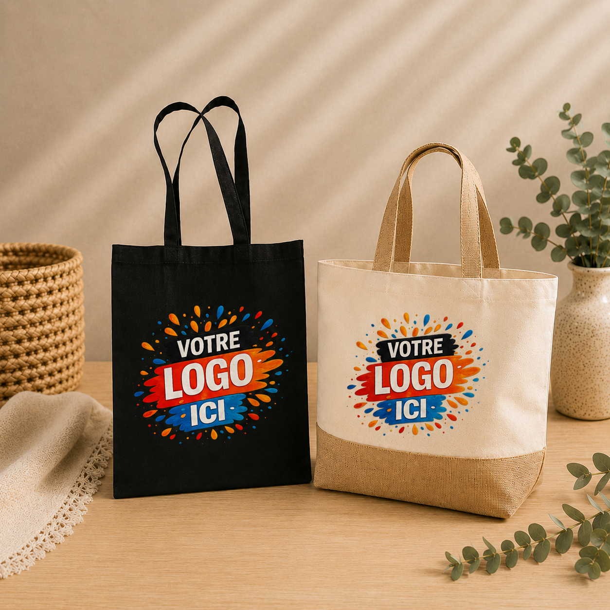 Tote bags personnalisables noir et beige