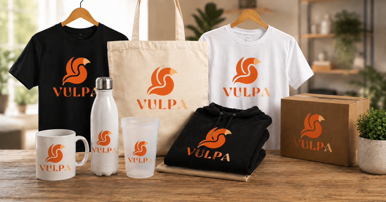 Sélection de produits Vulpa personnalisés avec logo : t-shirts, tote bag, gourde, mug et sweat à capuche