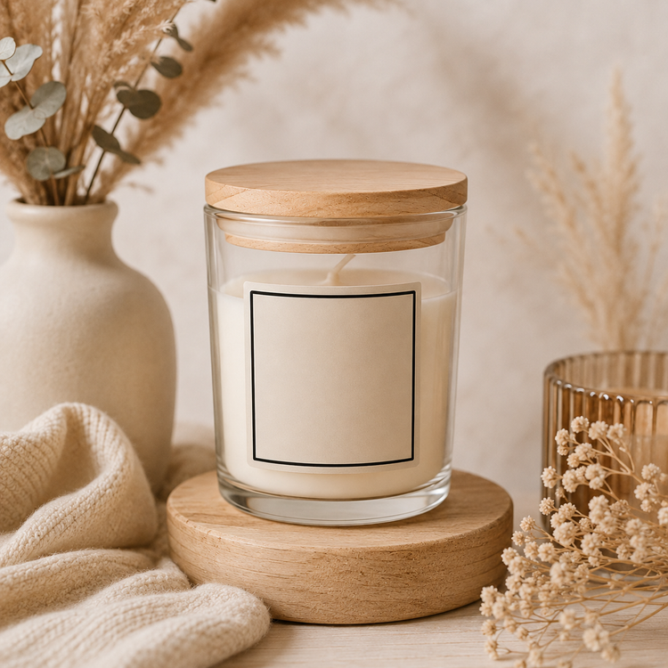 Bougie parfumée en pot de verre avec couvercle bois, étiquette personnalisable avec texte ou prénom