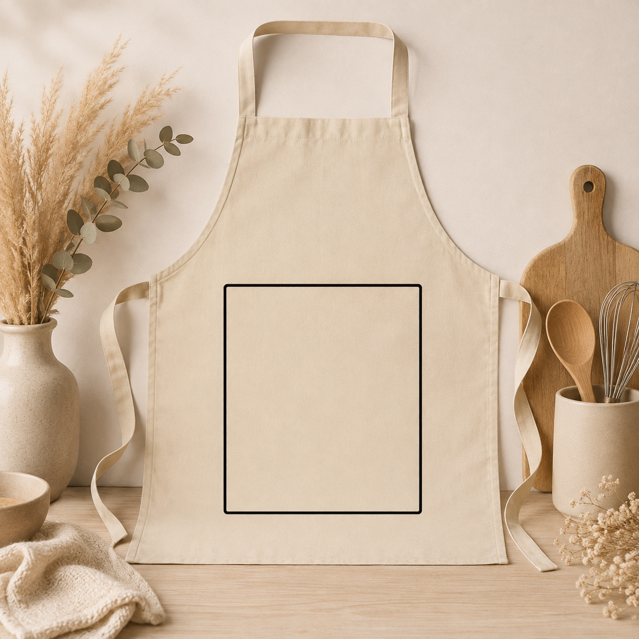 Tablier de cuisine beige personnalisable avec emplacement pour texte ou logo
