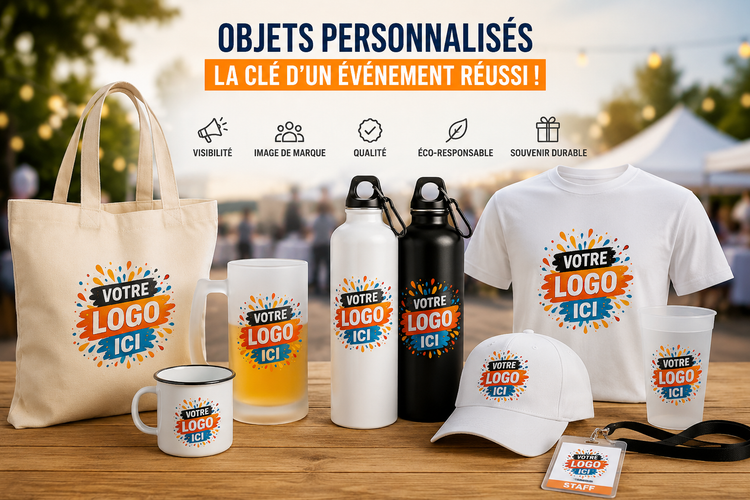 Gamme de produits personnalisables avec logo : tote bag, mugs, gourdes, chope, t-shirt, casquette et gobelets