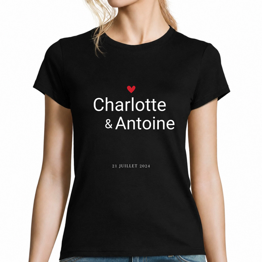 T-shirt personnalisé prénoms & date – Cadeau mariage
