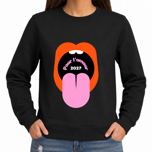Sweat noir personnalisé Pour l'amour avec illustration bouche pop art et année