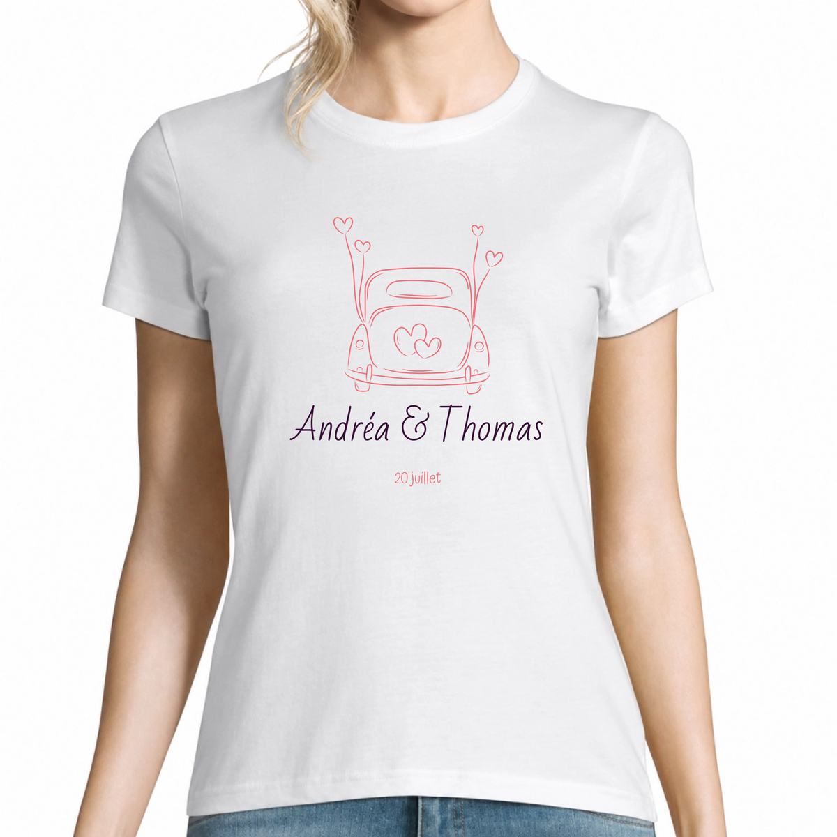 T-shirt mariage personnalisé avec prénoms des mariés, date et illustration voiture fleurie