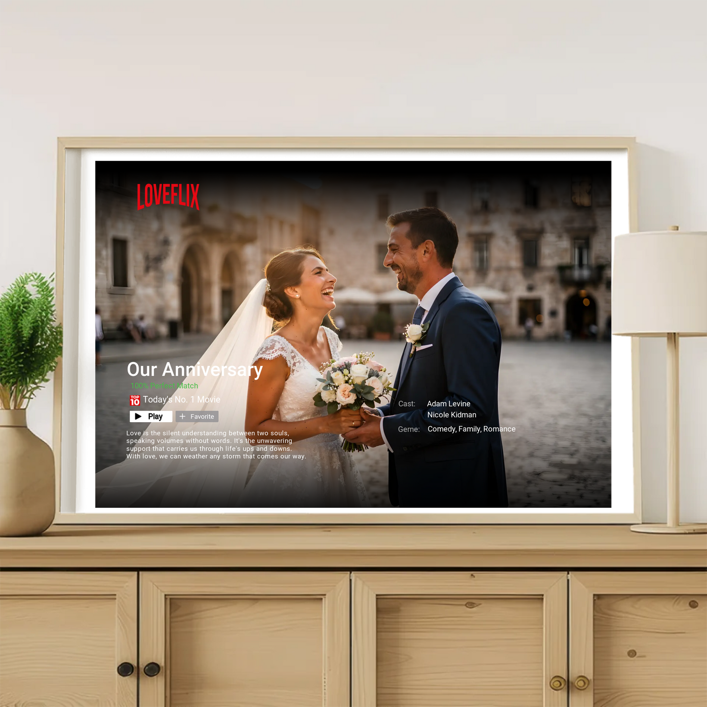 Cadre TV décoratif personnalisé avec photo de mariés sur interface streaming