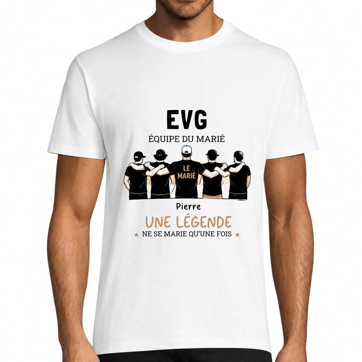 T-shirt homme blanc EVG personnalisé Équipe du Marié avec prénom