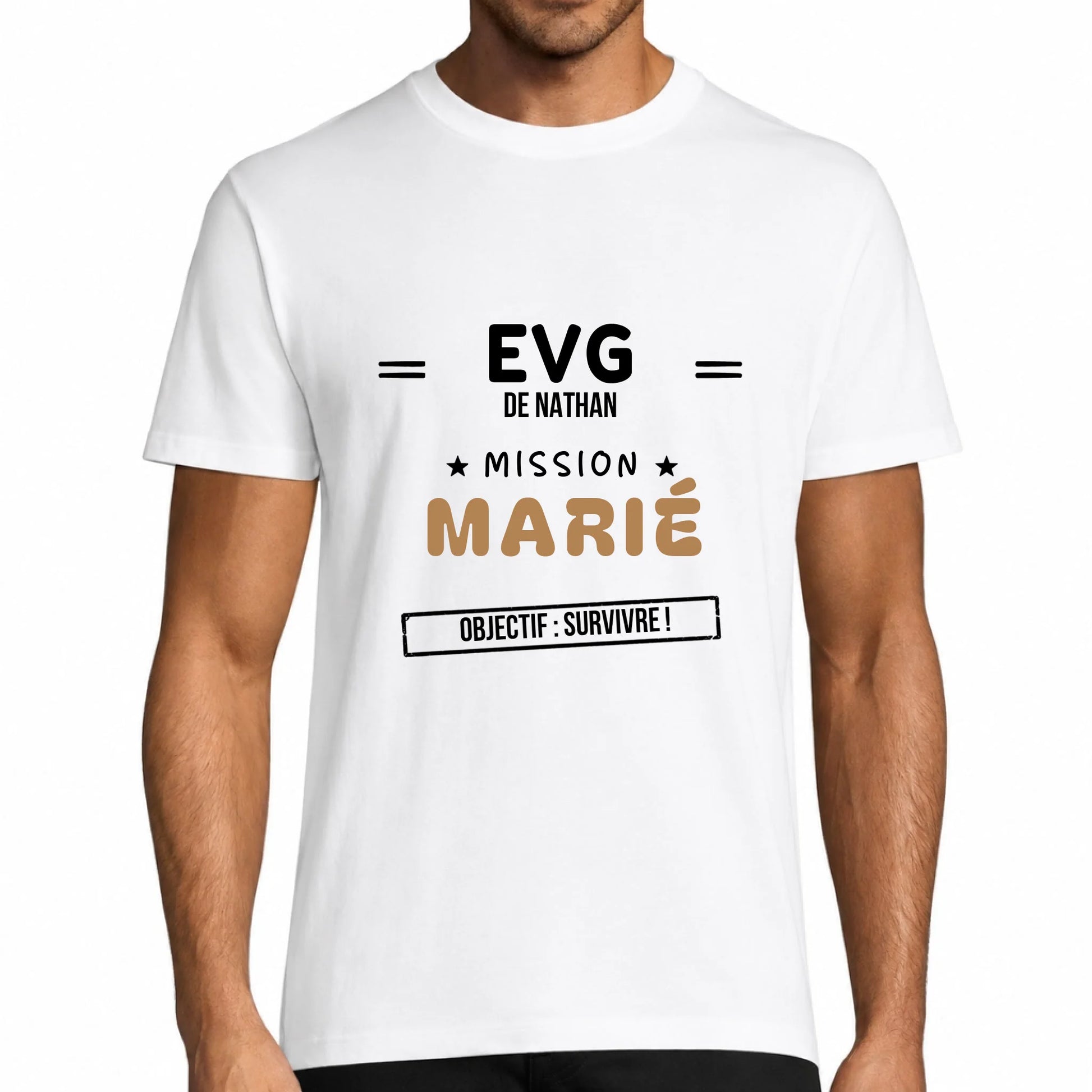 T-shirt homme blanc EVG personnalisé Mission Marié avec prénom