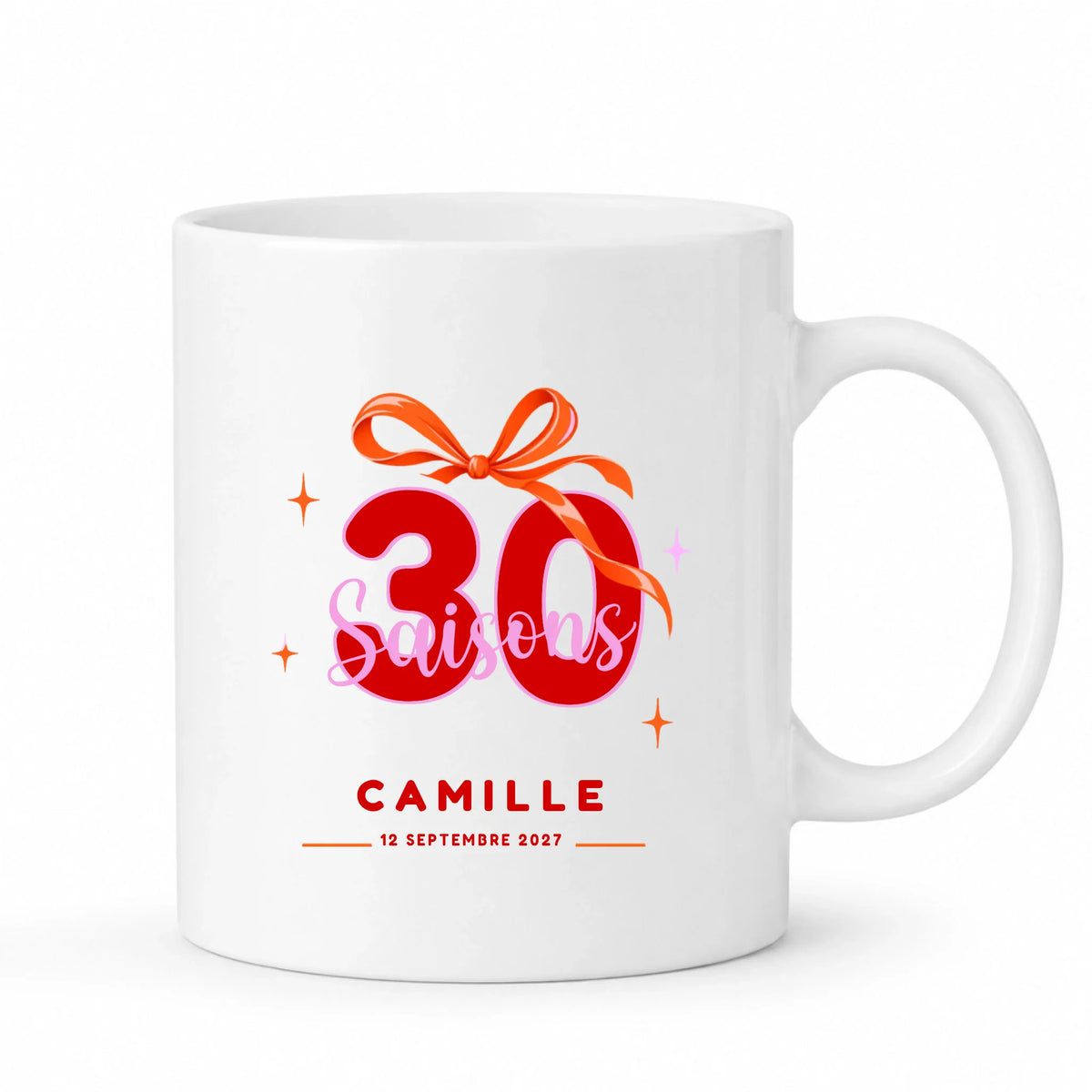 Mug blanc anniversaire personnalisé 30 Saisons avec âge, prénom et date