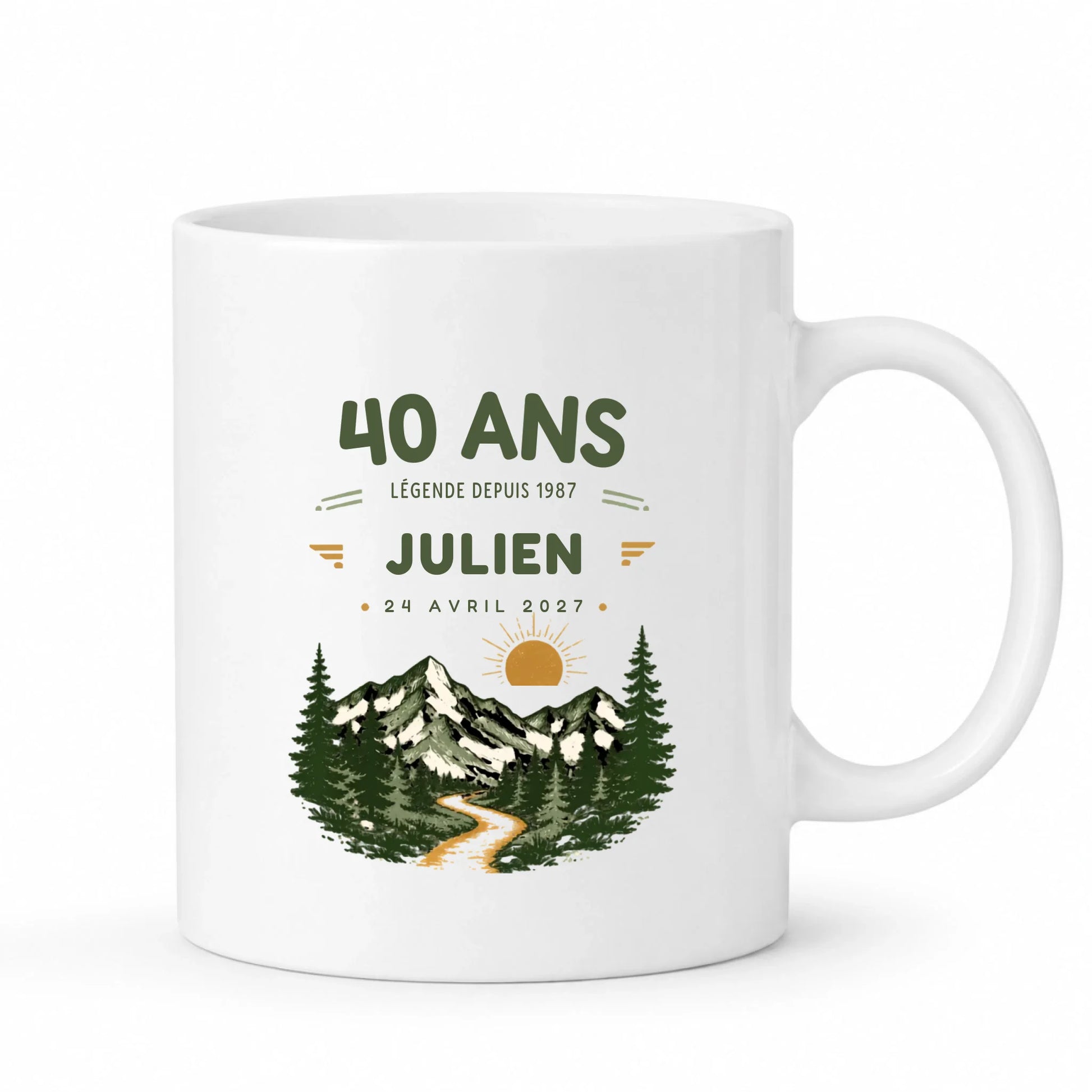 Mug anniversaire personnalisé avec prénom, âge et date - design montagne Légende de la Montagne