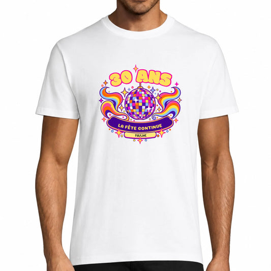 T-shirt homme blanc anniversaire personnalisé avec boule disco et prénom - La Fête Continue
