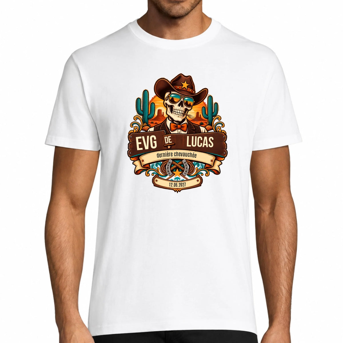 T-shirt EVG homme blanc personnalisé avec cowboy squelette, prénom et date de l'événement - Dernière Chevauchée Vulpa