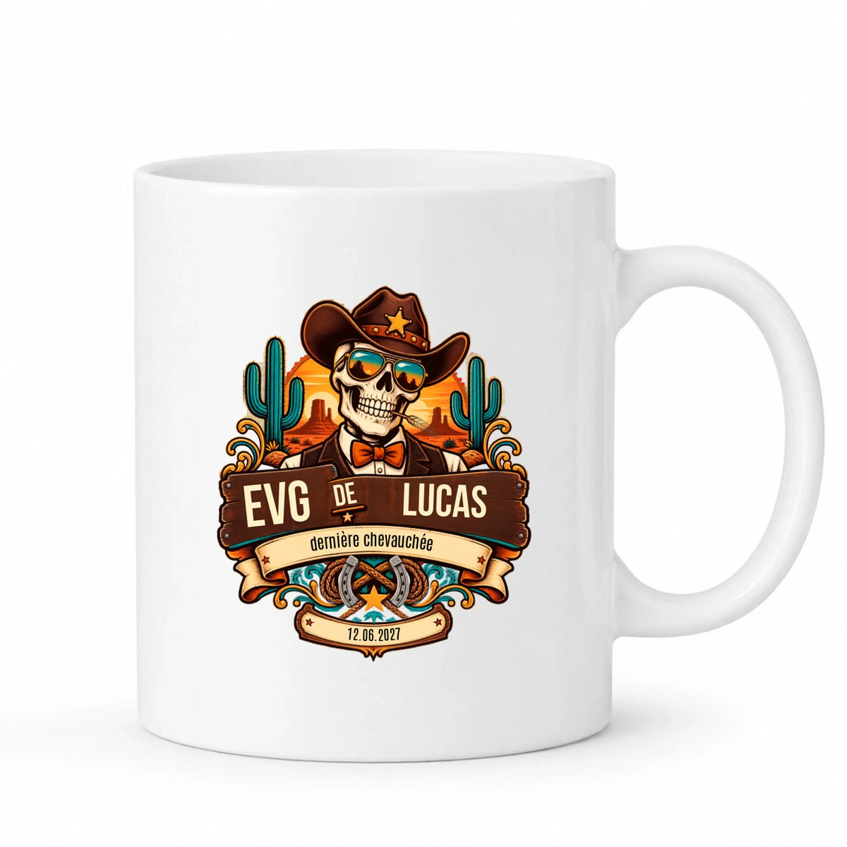 Mug EVG personnalisé avec cowboy squelette, prénom et date de l'événement - Dernière Chevauchée