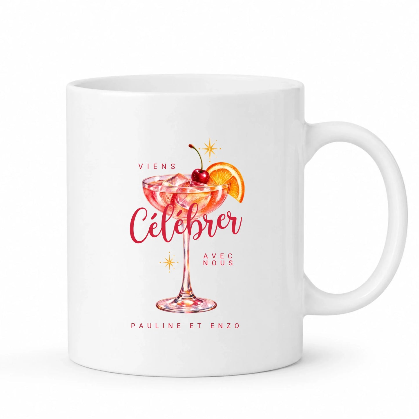 Mug blanc mariage personnalisé Viens Célébrer Avec Nous avec prénoms