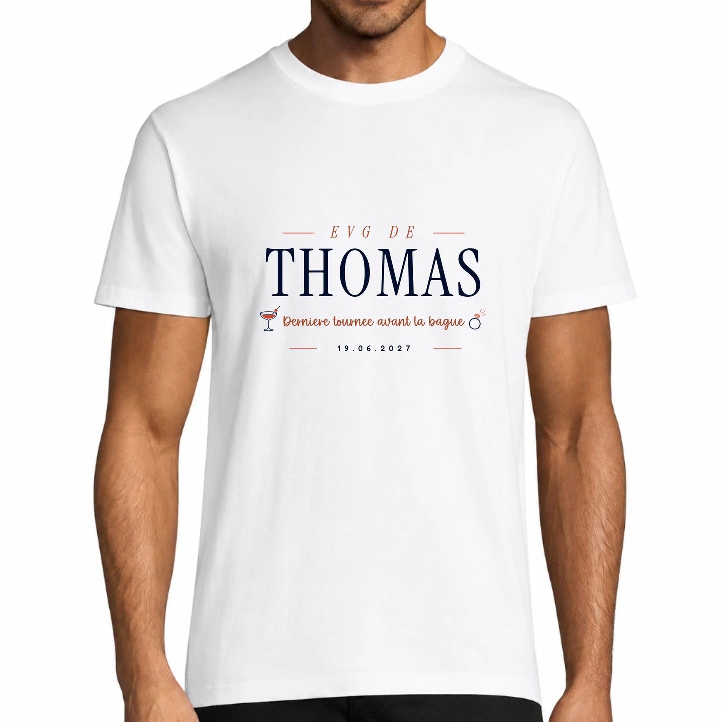 T-shirt EVG homme blanc personnalisé avec prénom et date - design cocktail Dernière Tournée Vulpa