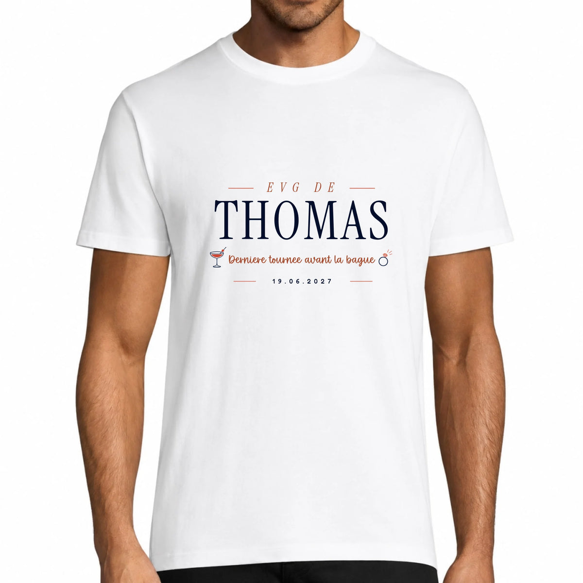 T-shirt EVG homme blanc personnalisé avec prénom et date - design cocktail Dernière Tournée Vulpa