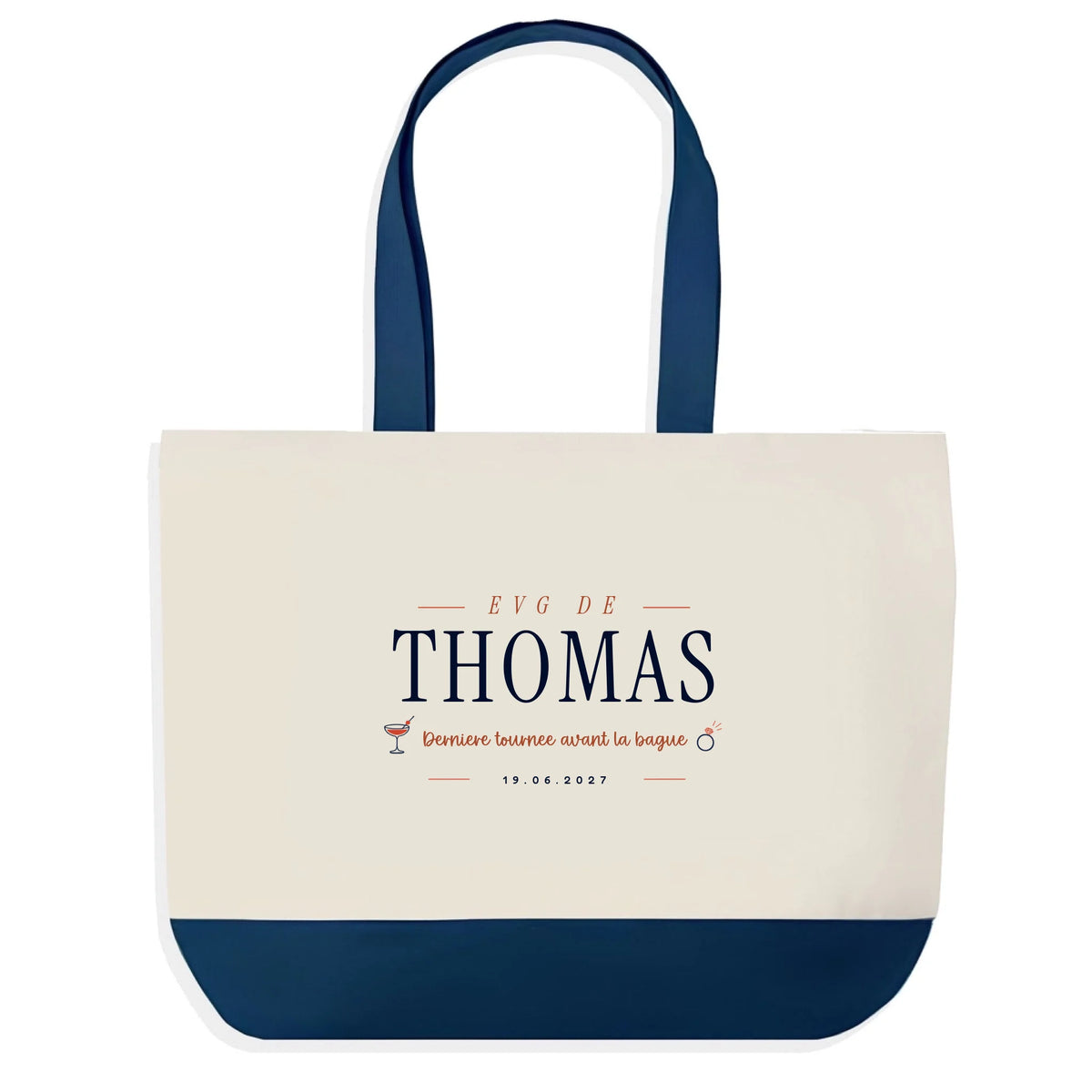 Sac en jute EVG personnalisé Bleu avec prénom et date - design cocktail Dernière Tournée Vulpa
