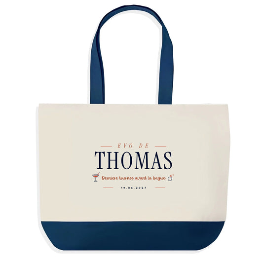 Sac en jute EVG personnalisé Bleu avec prénom et date - design cocktail Dernière Tournée Vulpa