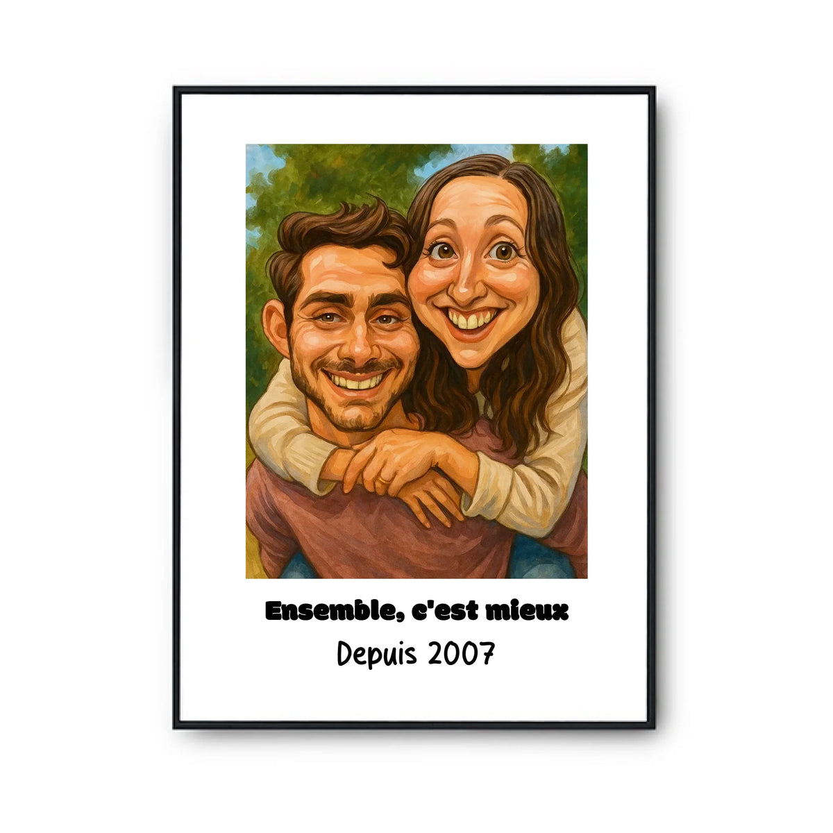 Affiche encadrée avec portrait de couple illustré et texte personnalisé