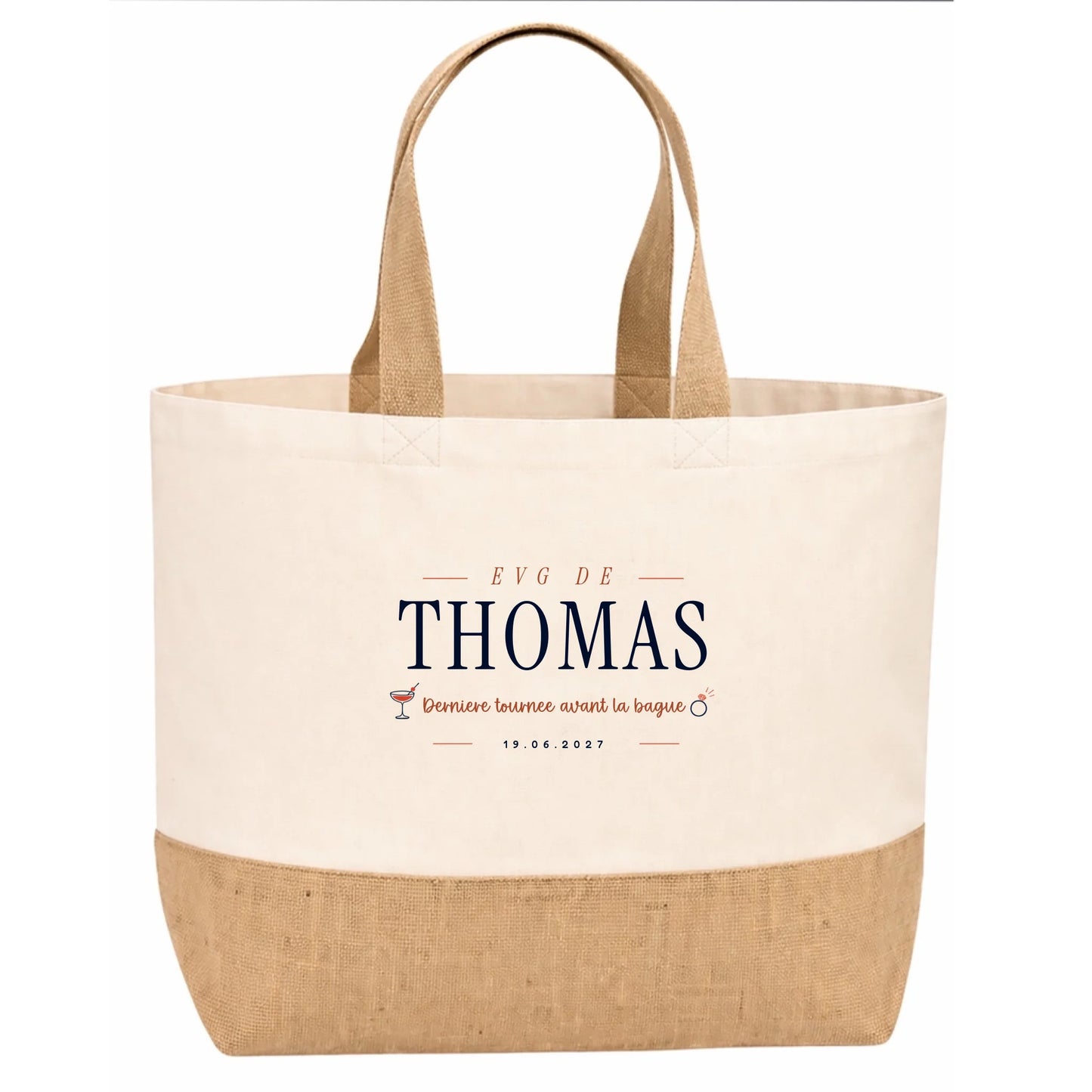 Sac en jute EVG personnalisé Beige avec prénom et date - design cocktail Dernière Tournée Vulpa