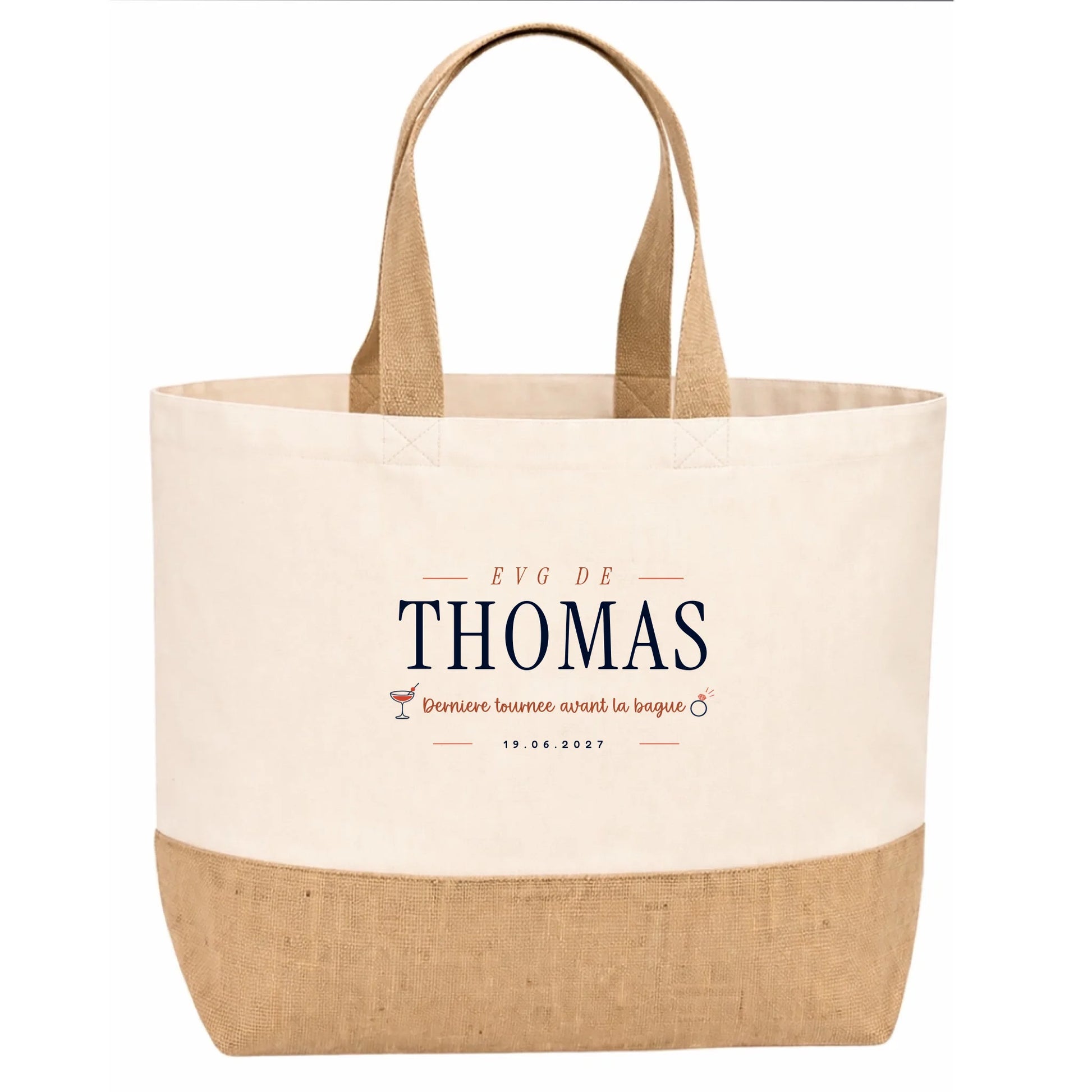 Sac en jute EVG personnalisé Beige avec prénom et date - design cocktail Dernière Tournée Vulpa