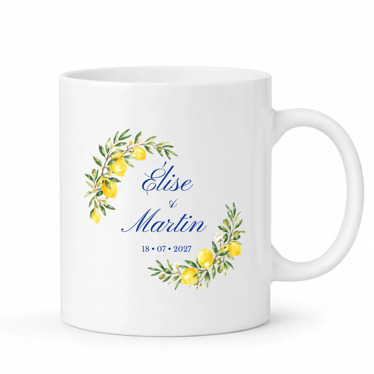 Mug blanc mariage personnalisé Citronnier & Olivier avec prénoms et date