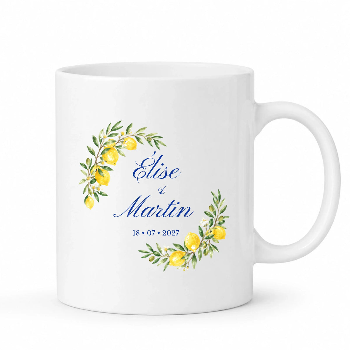 Mug blanc mariage personnalisé Citronnier & Olivier avec prénoms et date