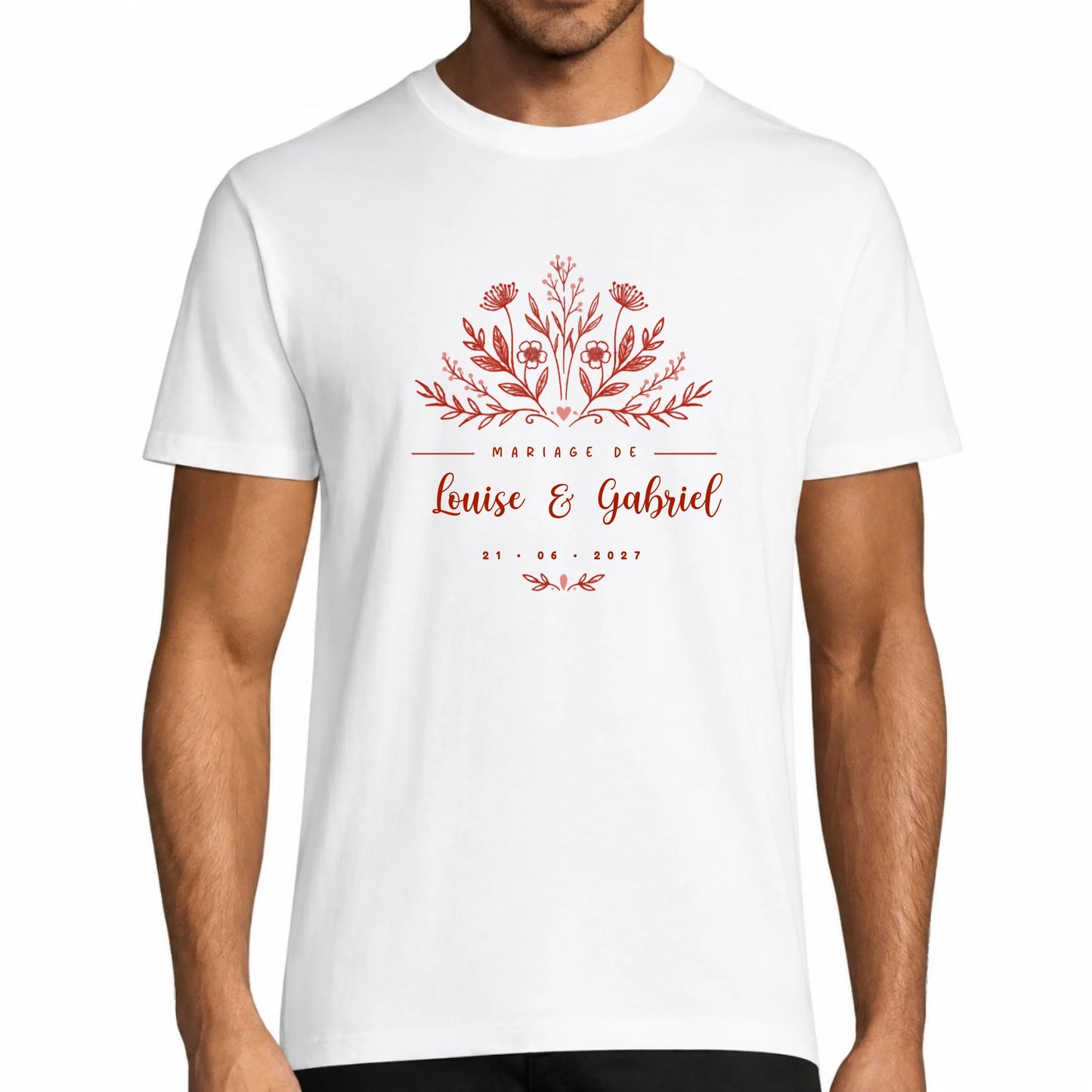 T-shirt Mariage personnalisé avec prénoms et date - design floral Vulpa
