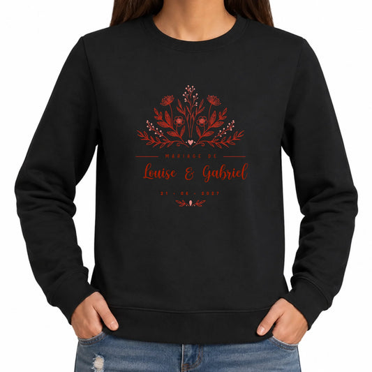 Sweat femme noir mariage personnalisé Prénoms & Date des Mariés | Vulpa