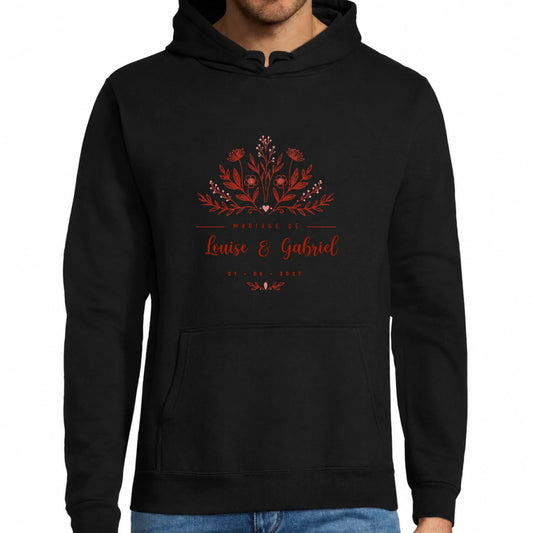 Sweat à capuche homme noir mariage personnalisé Prénoms & Date des Mariés | Vulpa